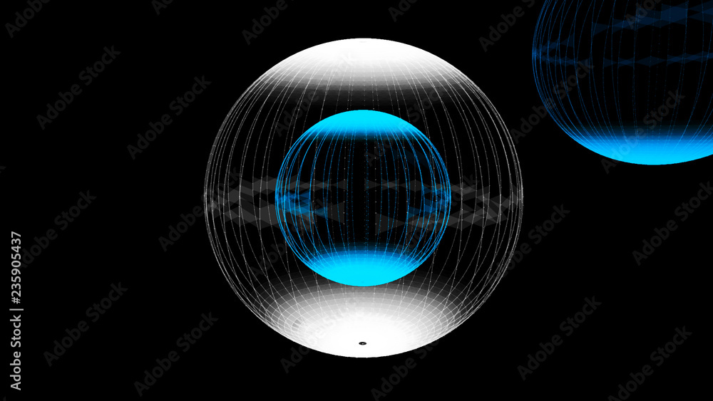 Poster abstract glossy sphere of blue and white tint on dark background. particles. 3d abstract noisy pulsa