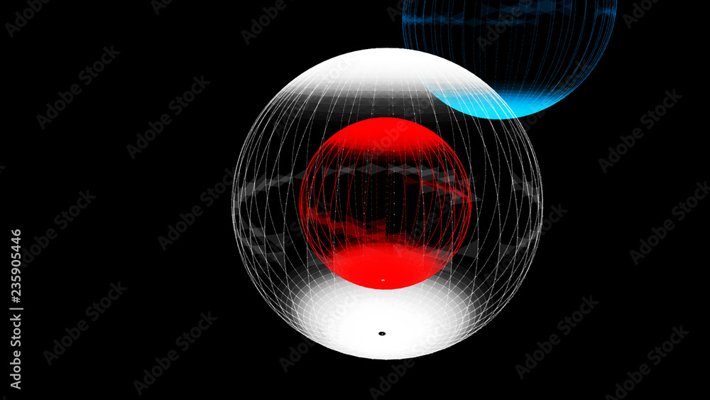 Poster abstract glossy sphere of red and white tint on dark background. particles. 3d abstract noisy pulsat