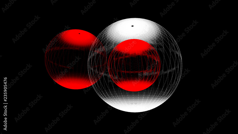 Poster abstract glossy sphere of red and white tint on dark background. particles. 3d abstract noisy pulsat