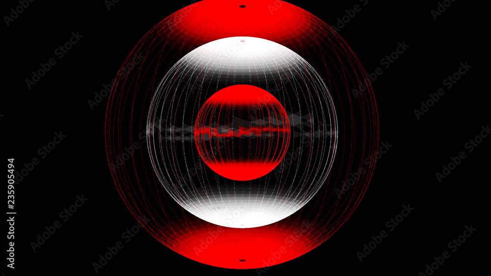 Poster abstract glossy sphere of red and white tint on dark background. particles. 3d abstract noisy pulsat