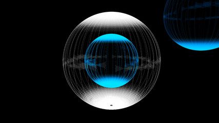 Abstract glossy sphere of blue and white tint on dark background. Particles. 3D abstract noisy pulsating sphere. 3d rendering.
