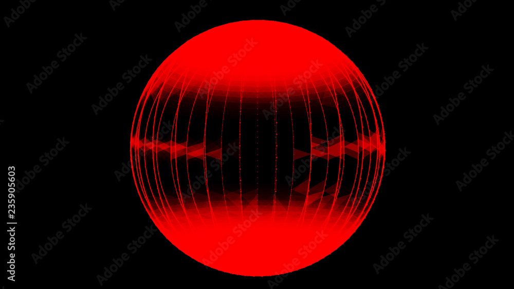Poster abstract glossy sphere of red tint on dark background. particles. 3d abstract noisy pulsating sphere