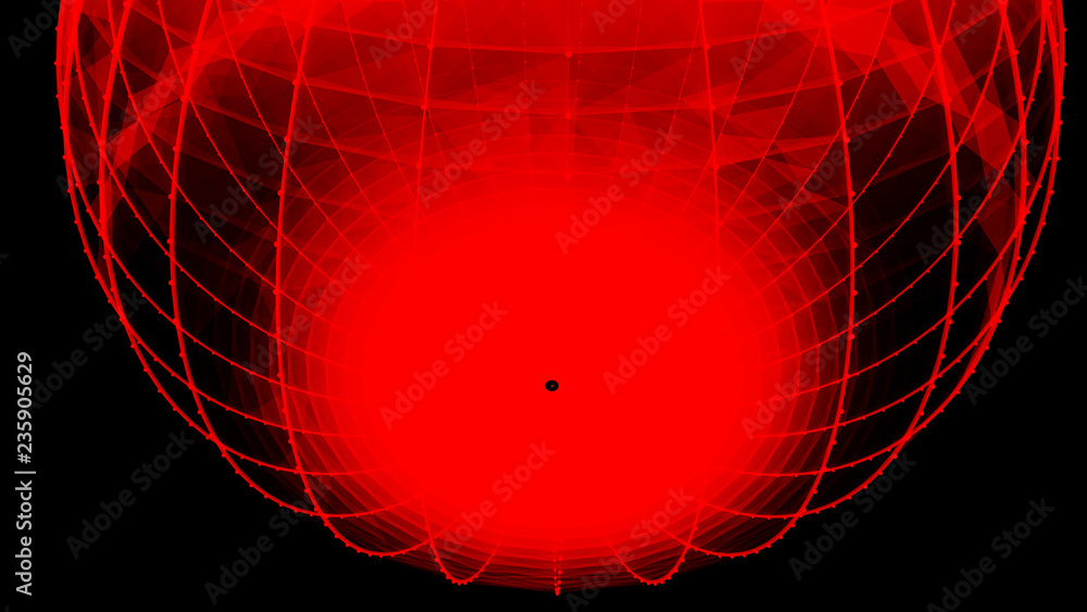Poster abstract glossy sphere of red tint on dark background. particles. 3d abstract noisy pulsating sphere