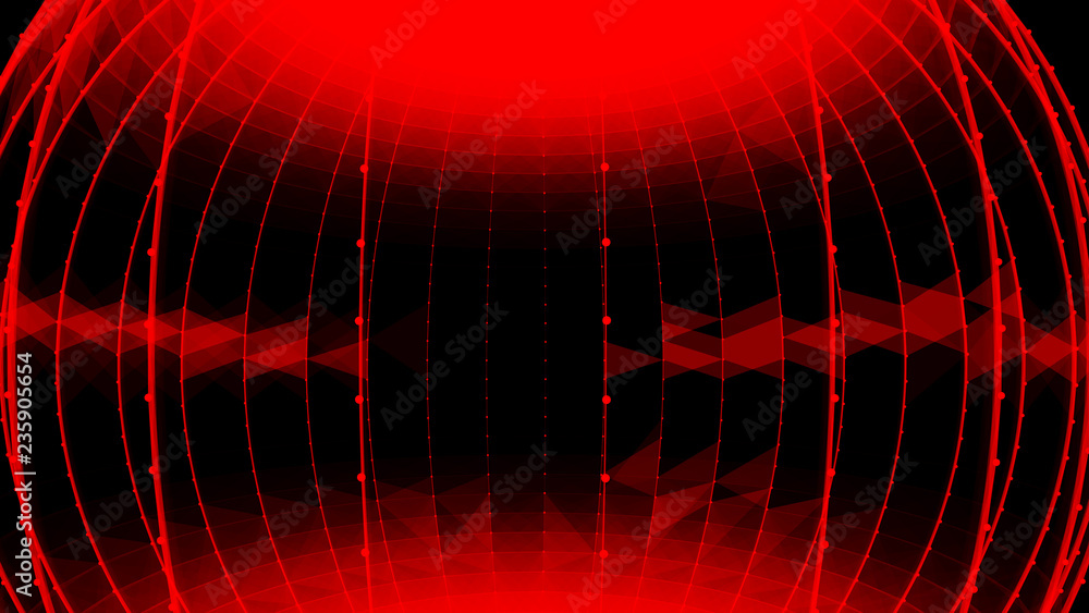 Poster abstract glossy sphere of red tint on dark background. particles. 3d abstract noisy pulsating sphere