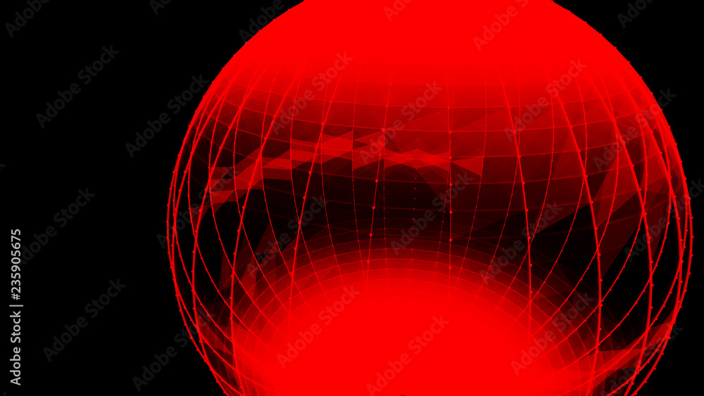 Poster abstract glossy sphere of red tint on dark background. particles. 3d abstract noisy pulsating sphere