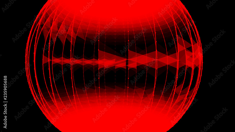 Poster abstract glossy sphere of red tint on dark background. particles. 3d abstract noisy pulsating sphere