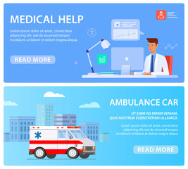 Web banners with medical staff, ambulance car and doctor. Flat vector illustration 