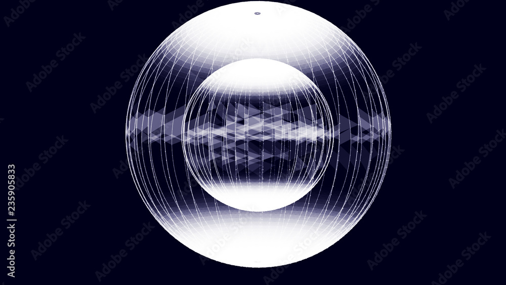 Poster abstract glossy sphere of blue and white tint on dark background. particles. 3d abstract noisy pulsa