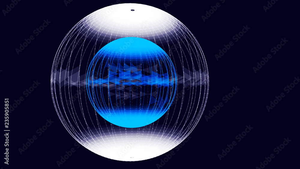 Poster abstract glossy sphere of blue and white tint on dark background. particles. 3d abstract noisy pulsa