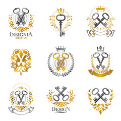 Fototapeta na wymiar Old Turnkey Keys emblems set. Heraldic vector design elements collection. Retro style label, heraldry logo.