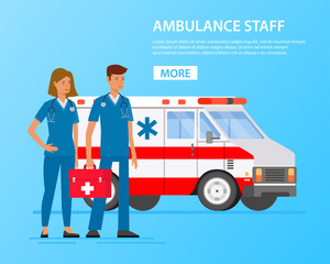 Ambulance car. Hospital transport medical care clinic. City landscape with skyscrapers. Vector in flat style.