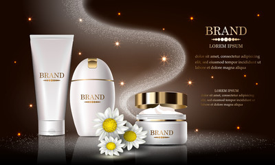 Cosmetics beauty product set, premium body spa cream shampoo for skin care, template for design poster, cosmetic presentation, banners mockup, vector illustration.