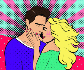 Poster for Valentine's day. Sexy pop art woman with  a man. Vector background in comic style retro pop art. Invitation to a party. Face close-up.