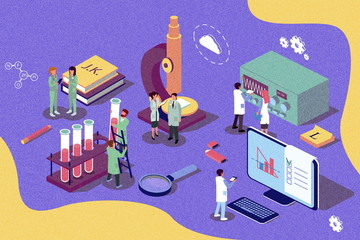 Retro isometric illustration concept. Research laboratory, scientis working at laboratorium. Content for web page, banner, social media, documents, cards, posters, news.