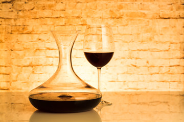 Red Wine in Decanter and Glass on Table