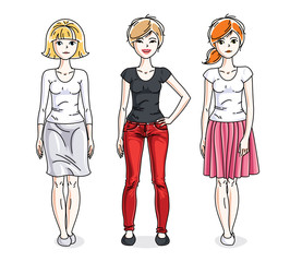 Happy pretty young women standing wearing fashionable casual clothes. Vector set of beautiful people illustrations.