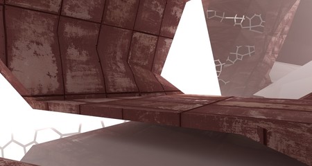 Empty  abstract room interior of sheets rusted metal. Architectural background. 3D illustration and rendering