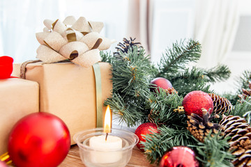 Christmas presents and boxes on wooden background