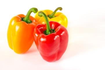 Juicy red, orange and yellow peppers with a green tail lies on a white background