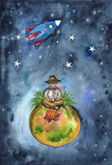 Traveler sits by the fire on a small planet on the background of stellar space and flying rocket. Watercolor illustration. - 235910629
