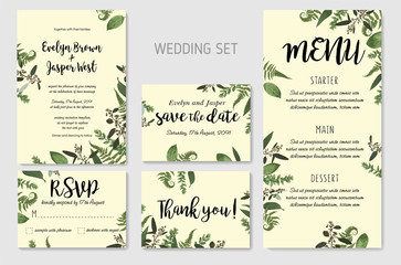 Wedding Invitation, floral invite, thank you, rsvp card Design: green fern leaves greenery, eucalyptus and boxwood branches, forest foliage decorative frame print. Vector elegant watercolor rustic set