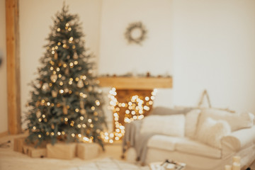 New Year background. Christmas Room Interior Design, Xmas Tree Decorated By Lights Presents Gifts...