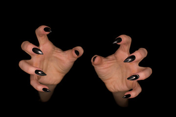 Female hands with sharp black glossy nails manicure, isolated on black background, close up.