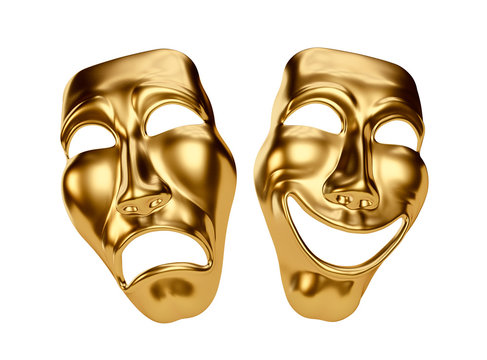 Golden Drama and Comedy Masks isolated on White Background. Clipping path. 3D illustration