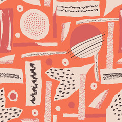 Vector seamless pattern. Torn paper decorated paint and ink spots. Different shapes with rough ribbed and jagged edges. Grunge texture. Applique of scraps with stains. Wallpaper, wrapping, textile
