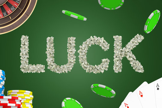 3d rendering of 'LUCK' sign made of dollars with stacks of chips, pack of cards, roulette on green background