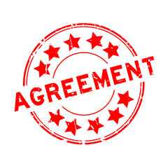 Grunge red agreement word with star icon round rubber seal stamp on white background