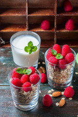 Healthy breakfast. Granola with honey, yogurt and fresh berries raspberry in a glass.