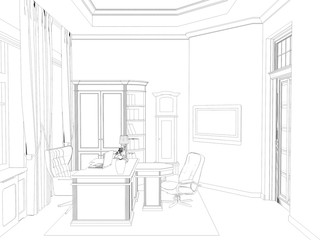 director's office, head office, contour visualization, 3D illustration, sketch, outline