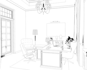director's office, head office, contour visualization, 3D illustration, sketch, outline