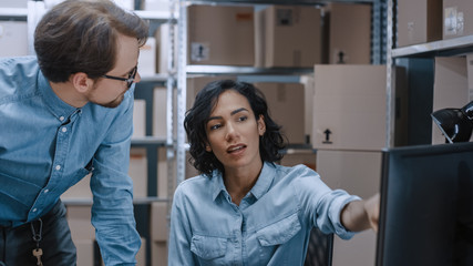 Male and Female Warehouse Inventory Managers Talking, Using Personal Computer and Checking Stock....