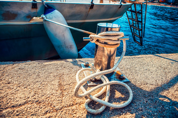 knot details of rope of moored boat