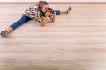 different photographer poses: bending, squatting, lying down