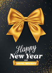 Fototapeta na wymiar Greeting card with golden bow and Seasonal wishes on glitter background. 