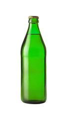 Close up one green beer bottle isolated on white
