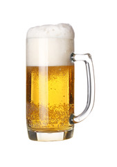 Close up one frothy beer glass isolated on white