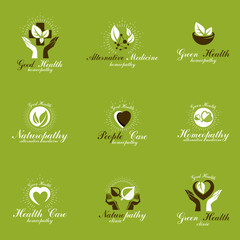 Living in harmony with nature metaphor, set of green health idea logos. Wellness center abstract modern emblems.