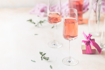 Two glasses and bottle of rose wine