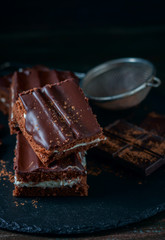 homemade chocolate brownies on dark background