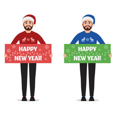 Man holds poster Happy New Year vector illustration on a white background