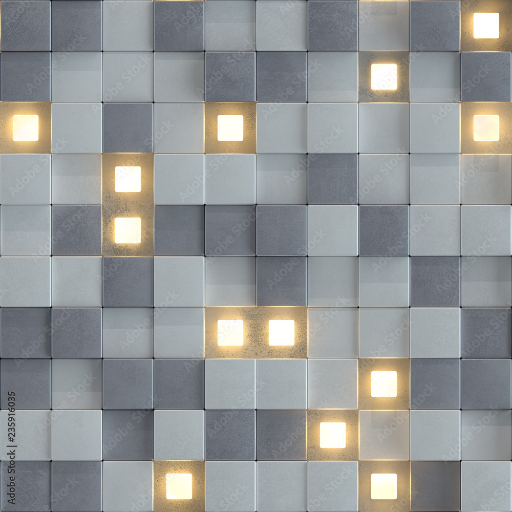 Poster seamless pattern of concrete and illuminating cubes 3d render