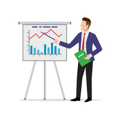 Serious businessman in suit presenting project result with flipchart, poster with analysis and statistics, vector illustration in flat style
