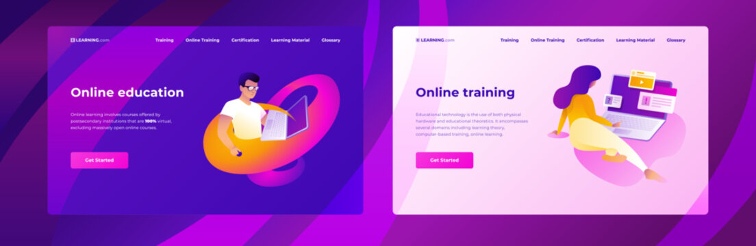 Two web page design templates for distance education, consulting, training, language courses with studying people. Modern vector illustrations concepts for website and mobile website development.