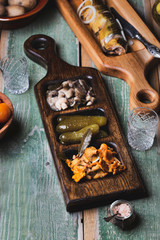 snacks with vodka and pickled cucumbers, marinated mushrooms