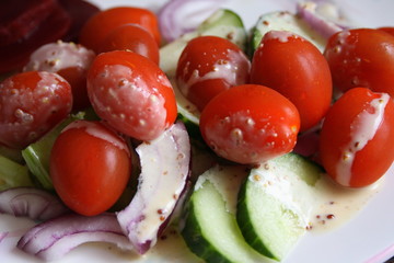 Salad items and dressing