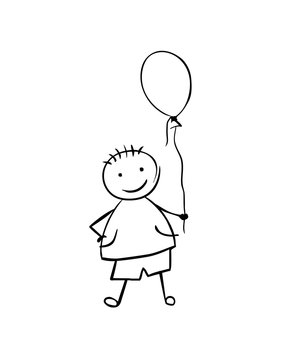 Linear vector boy with balloon. Black on white
